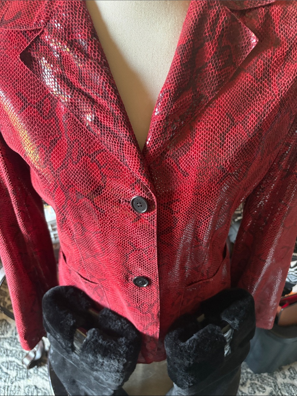 Andrew Marc Red Leather Snakeskin Blazer